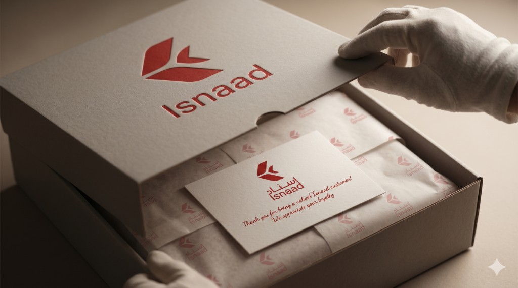 Professional Isnaad product packaging — branded box with a thank-you card for the customer